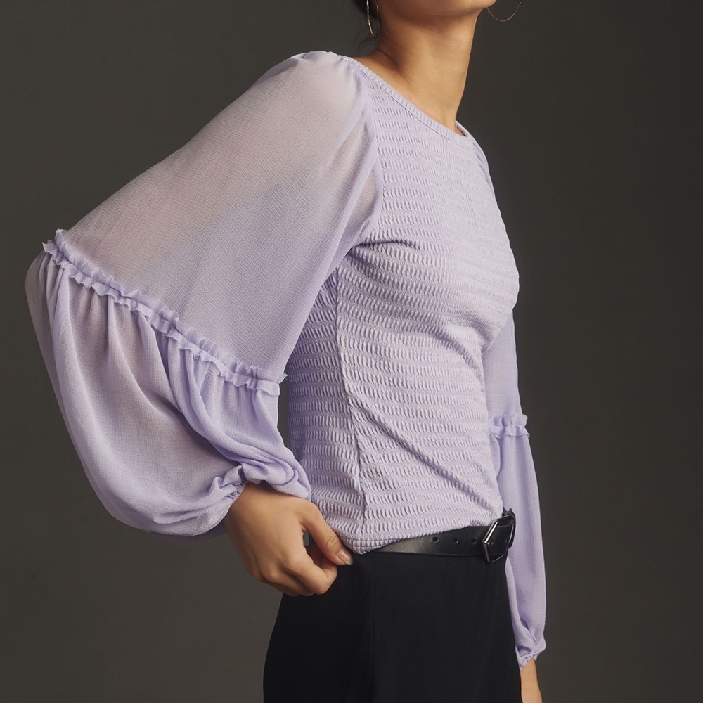 By Anthropologie Balloon-Sleeve Smocked lavender Top size large